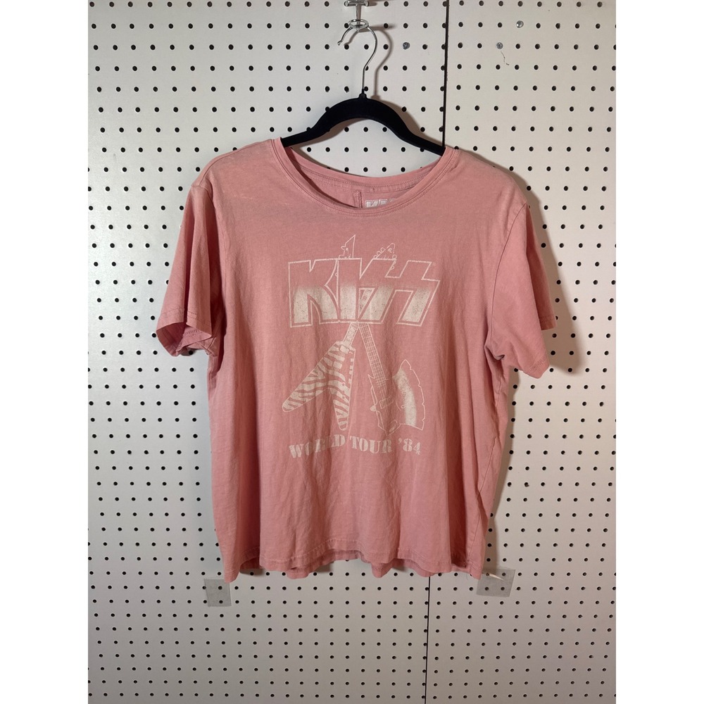 KISS World Tour 84 Pink Graphic T-Shirt Womens Large Rock Band Short‎ Sleeve Tee